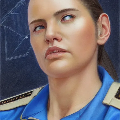 Image similar to epic portrait a slightly muscular woman wearing short sleeved uniform in blue and carrying a construction plan blueprint, detailed, centered, digital painting, artstation, concept art, donato giancola, Joseph Christian Leyendecker, WLOP, Boris Vallejo, Breathtaking, 8k resolution, extremely detailed, beautiful, establishing shot, artistic, hyperrealistic, beautiful face, octane render