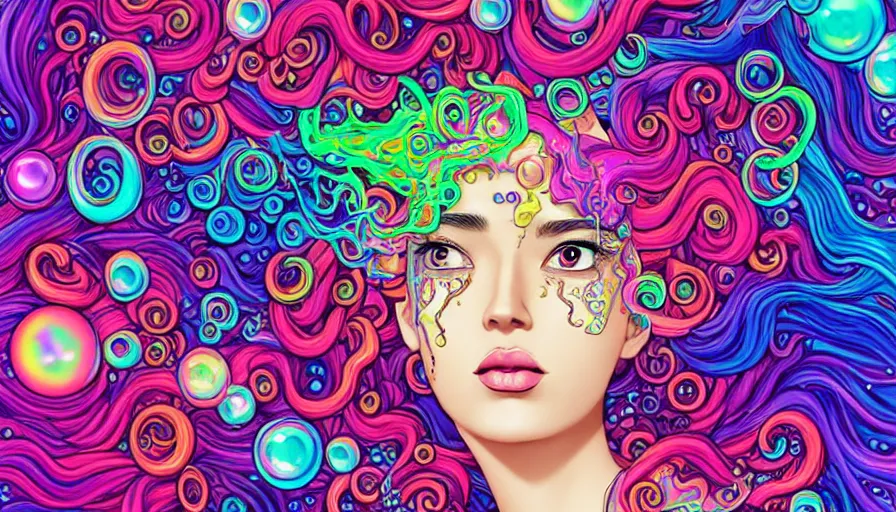 Image similar to a digital painting of a woman with colorful hair made of curly liquid and bubbles, intricate mechanical details, futuristic, a pop art painting by tomokazu matsuyama, behance contest winner, psychedelic art, psychedelic, 2 d, digital illustration, trending on artstation, anime stylized, accurate fictional proportions, high delicate defined details, ethereal lighting