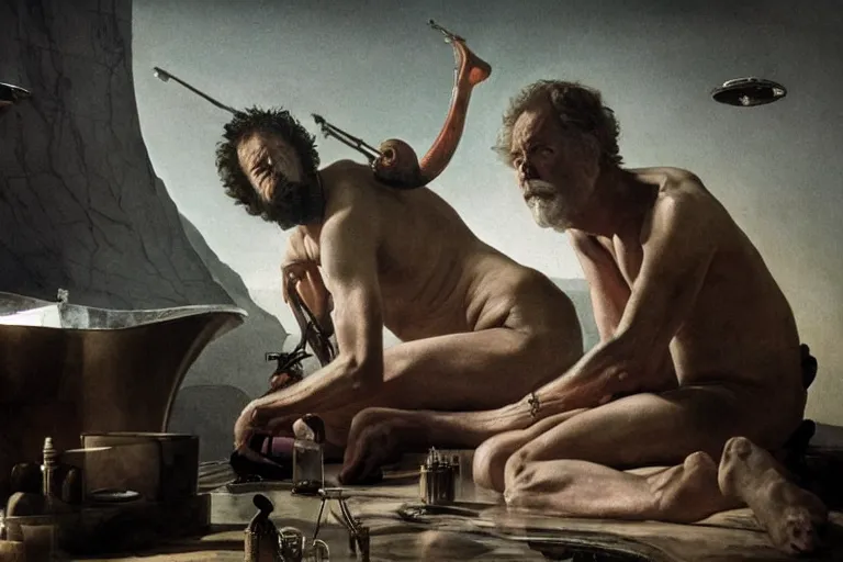 Prompt: hyperrealism aesthetic ridley scott and caravaggio and denis villeneuve style photography of a detailed giant, siting on a detailed ultra huge toilet in surreal scene from detailed art house movie in style of alejandro jodorowsky and wes anderson