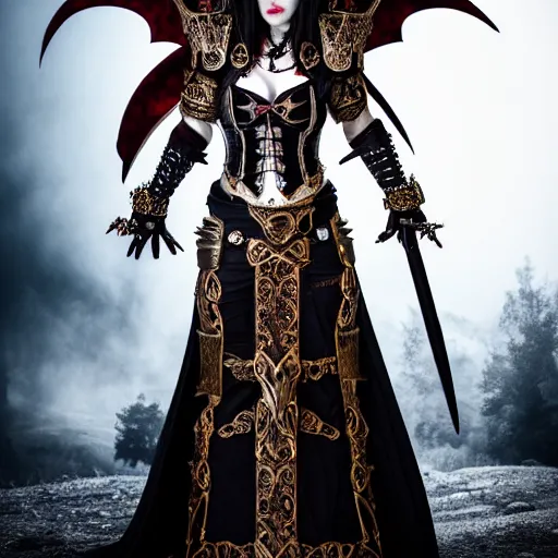 Prompt: full length photo of a very beautiful!! vampire warrior queen with ornate armour, highly detailed, 4 k, hdr, smooth, sharp focus, high resolution, award - winning photo