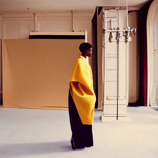 Image similar to realistic photoshooting for a new balenciaga lookbook, color film photography, portrait of a beautiful woman, set design by wes anderson, in style of Tyler Mitchell, 35mm,