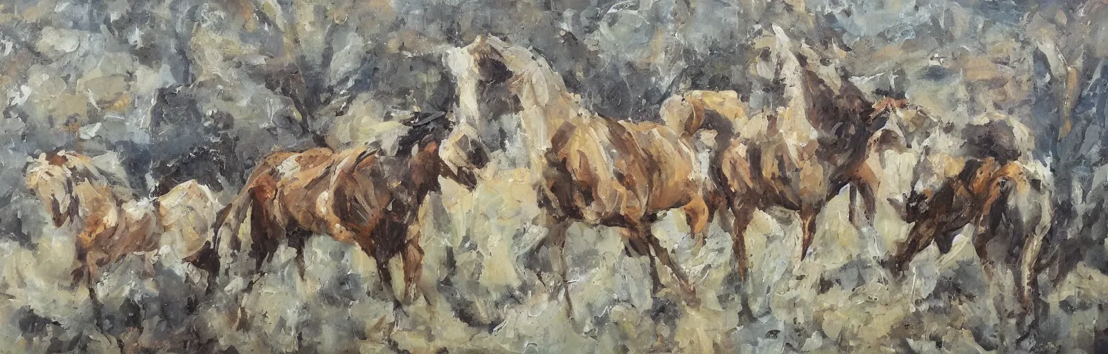 Prompt: lots of horses running through the canyon, they might be crawling, original oil on canvas painting by sydney mount