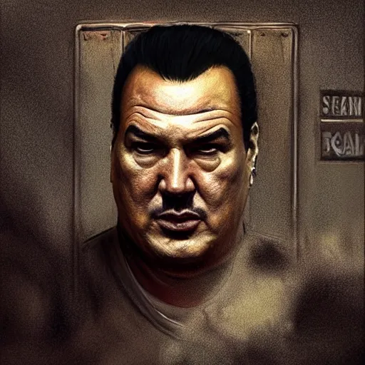 Image similar to sad steven seagal full body portrait in jail cell, cell bars, cell bars, cell bars, cell bars, cell bars, cell bars, intricate, highly detailed, digital painting, artstation, concept art, smooth, sharp focus, illustration, whimsical background by marc simonetti, artwork by liam wong