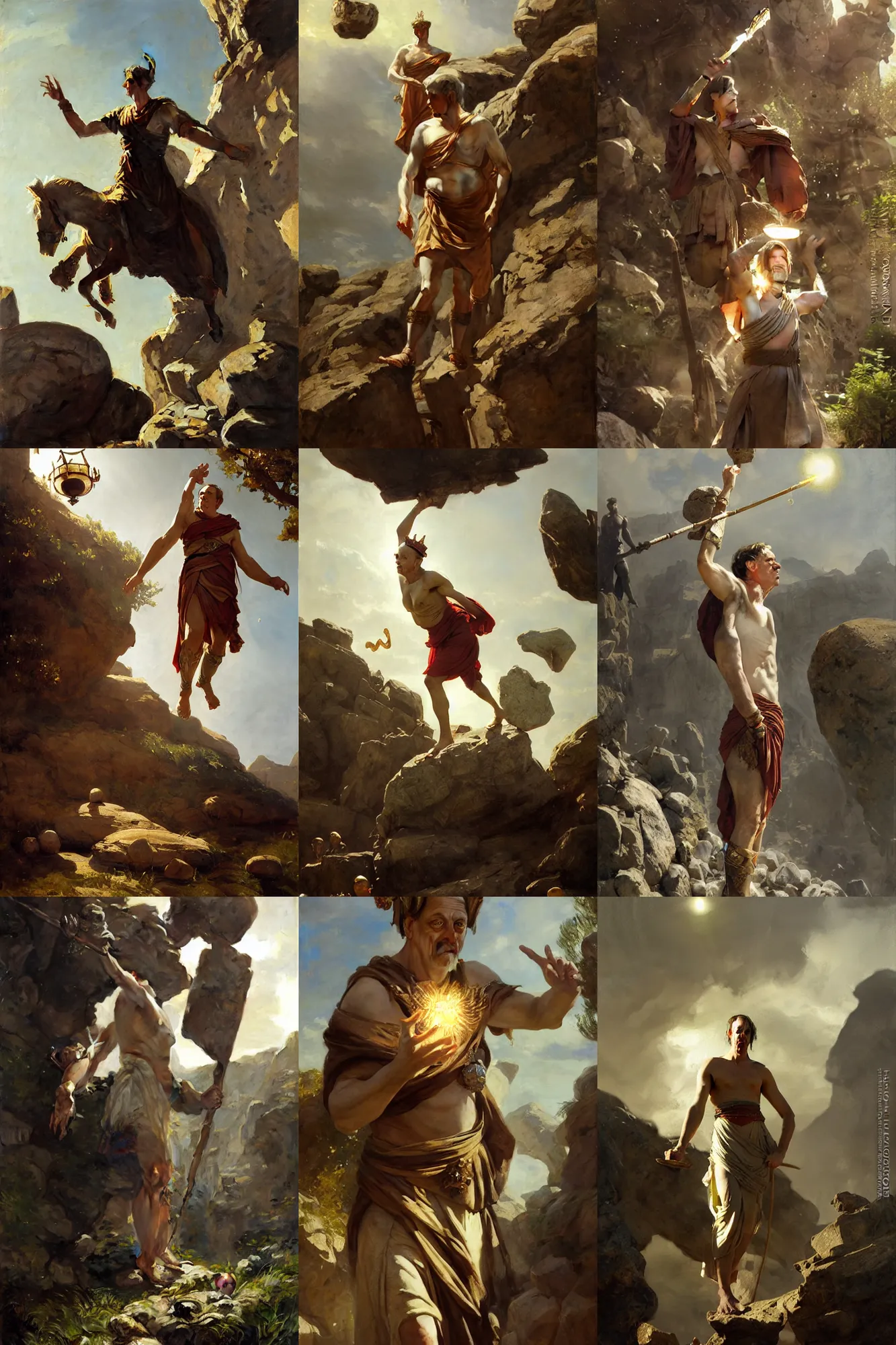 Prompt: ancient roman steve buscemi wearing the civic crown while he floats and hovers above the ground glowing with power small rocks and pebbles begin lifting off the ground around him, art by anders zorn, wonderful masterpiece by greg rutkowski, beautiful cinematic light, american romanticism by greg manchess, jessica rossier