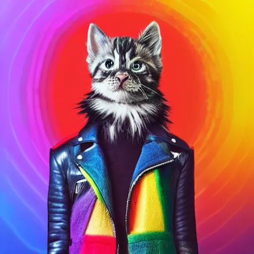 Image similar to wide angle full body, jacket wearing fluffy cute rainbow kitten wearing a black leather motorcycle jacket, cinematic concept art