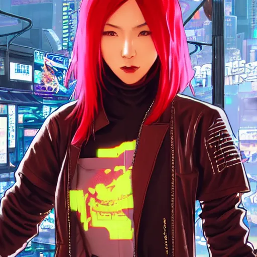 Prompt: a full body illustration of an Japanese female cyberpunk character with red hair, cyberpunk 2077 concept art, wearing oversized gold techwear jacket revealing tank top underneath, torn punk leather pants, highly detailed, soft lighting, by Stanley Artgerm Lau, WLOP, Rossdraws, James Jean, Andrei Riabovitchev, Marc Simonetti, and Sakimichan, HD, 4K