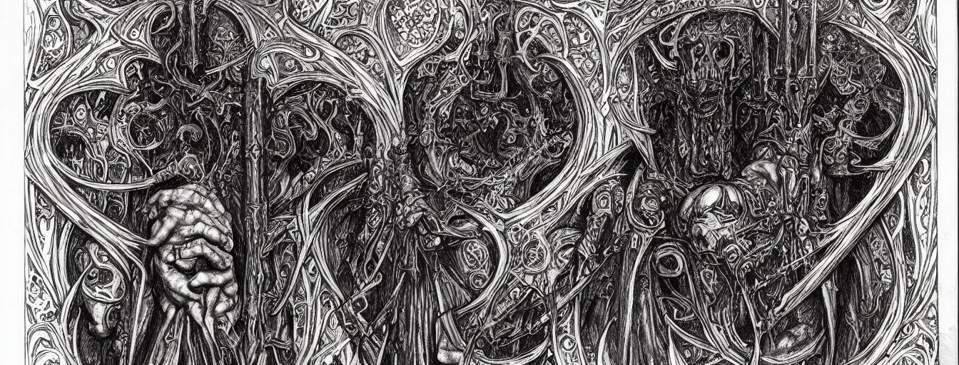 Image similar to highly detailed doom medieval illuminated manuscript grimoire concept art drawing, gothic designs, intricate and stylized infernal designs by zdizslaw beksinski, kilian eng, alphonse mucha