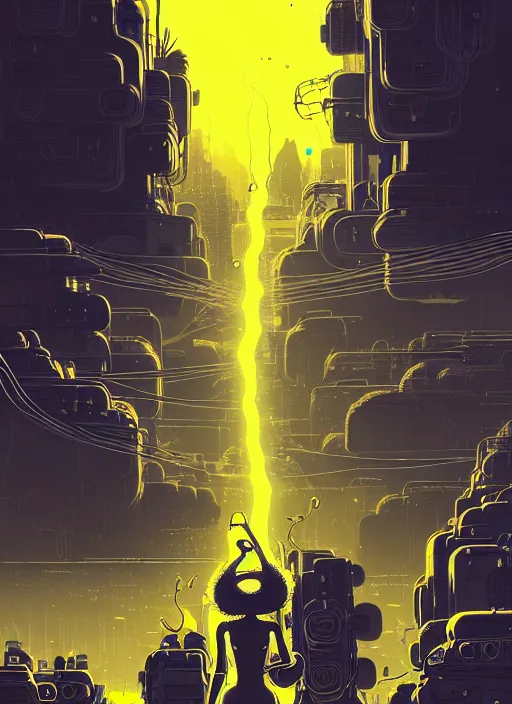 Image similar to highly detailed portrait of wasteland long glowing yellow and white plasma hair tribal lady, stray electric spark wiring by atey ghailan, james gilleard, by joe fenton, by greg rutkowski, by greg tocchini, by kaethe butcher, 4 k resolution, gradient yellow, black and white color scheme!!! ( ( lightning robotic cityscape background ) )