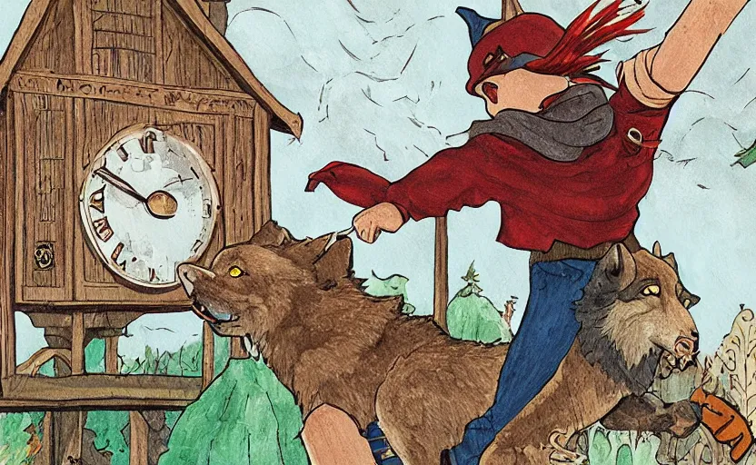 Prompt: a boy fighting a wolf on the edge of a clocktower, storybook, gouache, flat, print