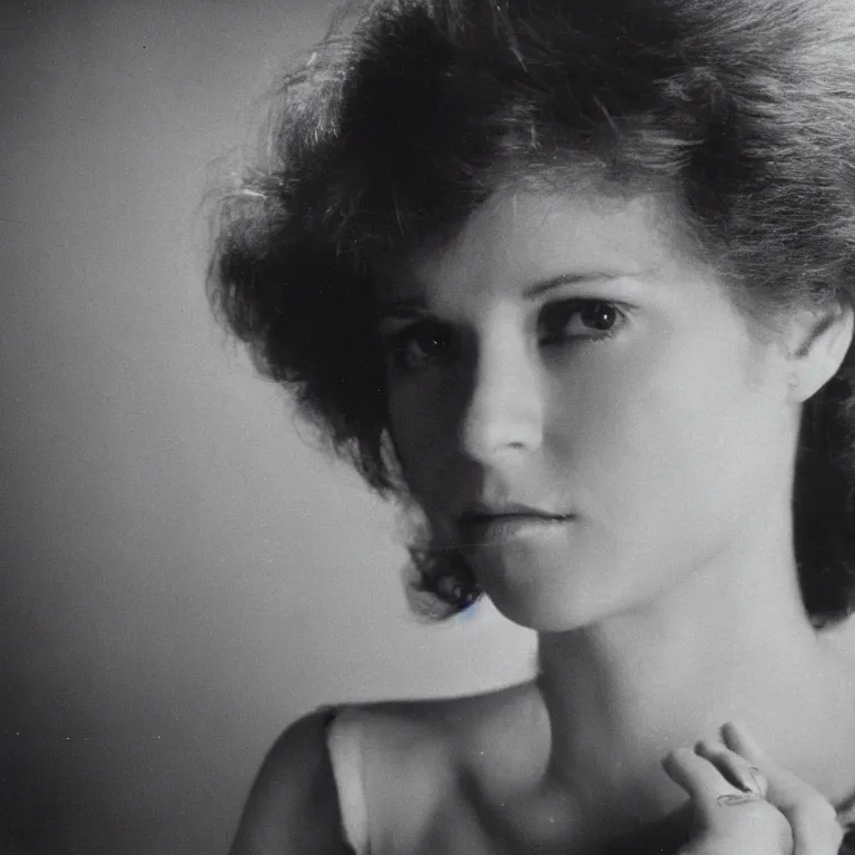 Image similar to 1 9 8 0 s woman looking directly at the camera, studio lighting