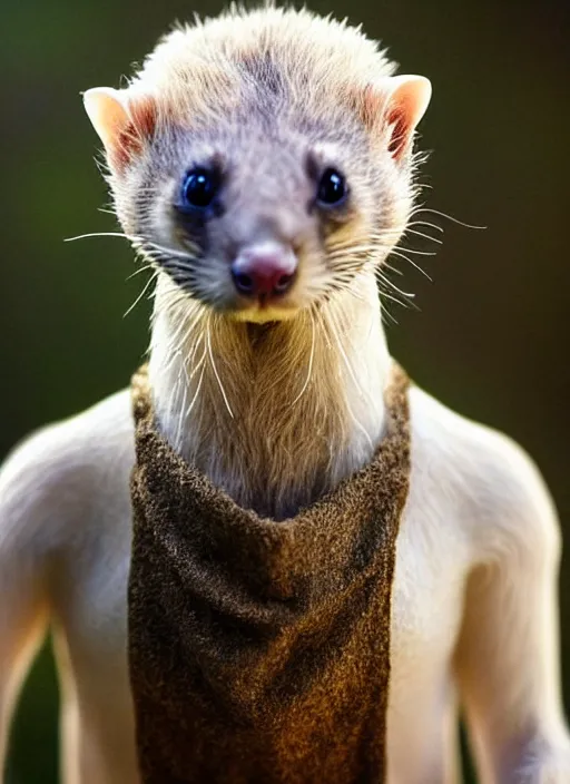 Image similar to a beautiful closeup shot from a fantasy film of a humanoid ferret wearing a loose tunic. an anthropomorphic ferret. portrait. anton nazarenko.