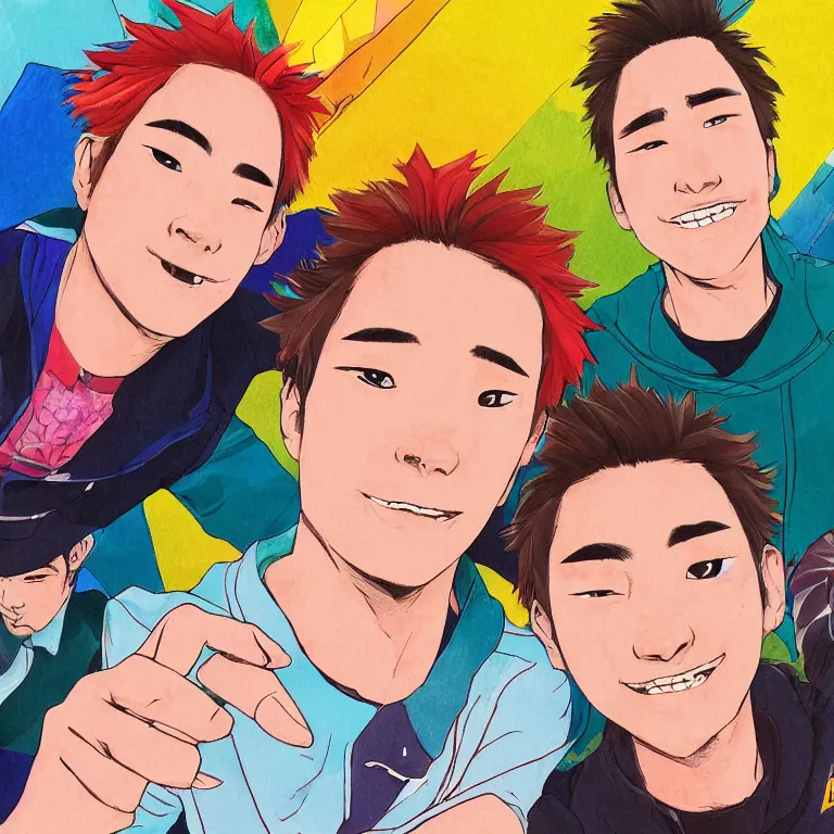 Prompt: a detailed colorful illustration of three guys ( daichi, sugawara, asahi ) posing for a selfie by timothy kong, trending on artstation