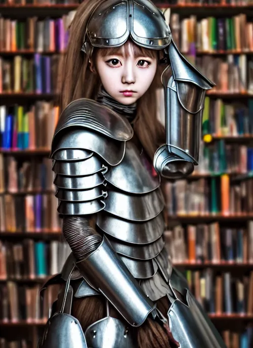 Prompt: real photograph of a hyperrealistic ultradetailed anime - styled girl dressed in steel plate armor, gorgeous, posed, physically textured, inside a cluttered library, vibrant, made by wlop, trending on artstation, kawaii hairstyle, lifelike human, dreamlike, k - pop person, 3 d, extremely immersive, sharp focus, art by studio ghibli