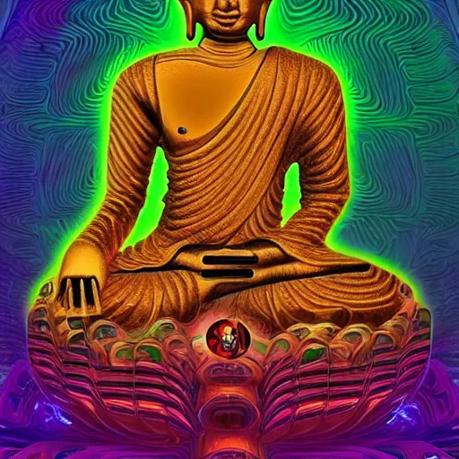 Image similar to robotic lifeform buddha meditating in front of a beautiful fractal neural network