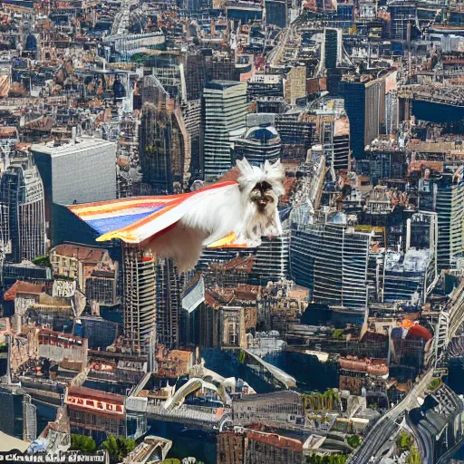 Image similar to a zwerg schnauzer flies over the city in a super cape