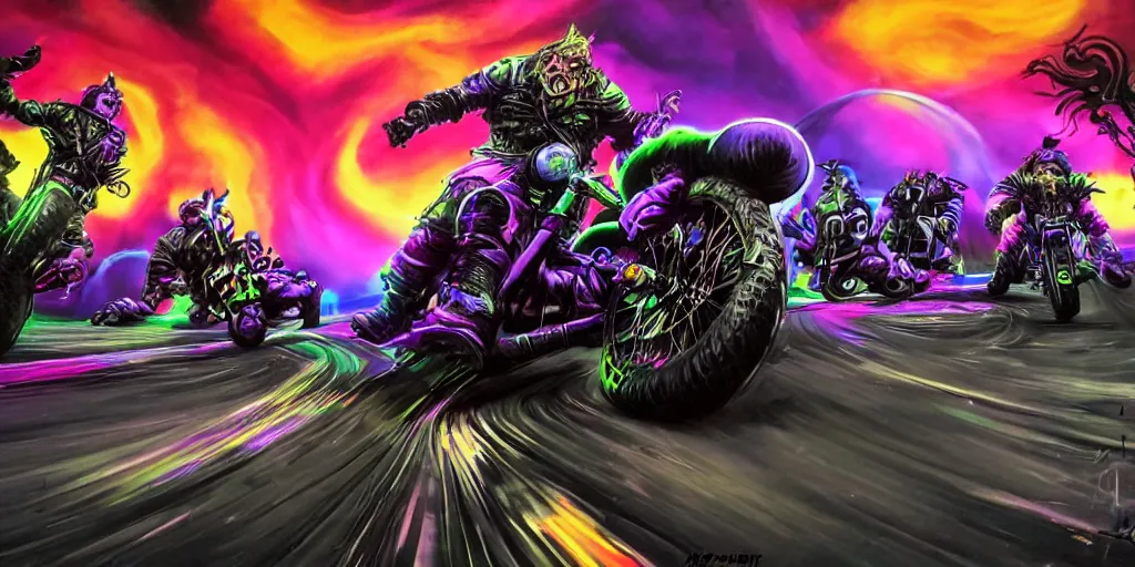 Image similar to psychedelic blacklight airbrush artwork, motorcycles, hyper stylized action shot of orc bikers racing on motorcycles, menacing orcs, drifting, skidding, wheelie, clear focused details, soft airbrushed artwork, black background, post - apocalypse, cgsociety, artstation