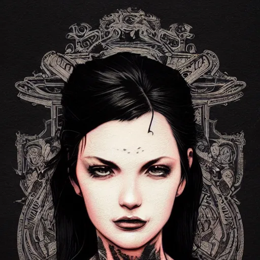 Image similar to french bar maid, tattoos, black t - shirt, black skirt, detailed portrait, intricate complexity, by greg rutkowski, artgerm, ross tran, conrad roset, takato yomamoto, ilya kuvshinov. 4 k, beautiful, cinematic dramatic atmosphere