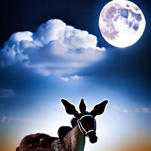 Image similar to a mule with headphones on, under awesome moon lit clouds, stunning photograph, from the point of view of an ant