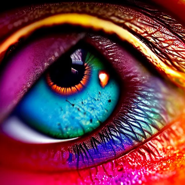 Image similar to a close up view of a colorful eye, a macro photograph, featured on cg society, macro lens, ultra detailed, macro photography, atmospheric lighting, intricate, volumetric lighting, beautiful, sharp focus, in the art style of marc simonetti, bowater charlie and brom gerald, astrophotography