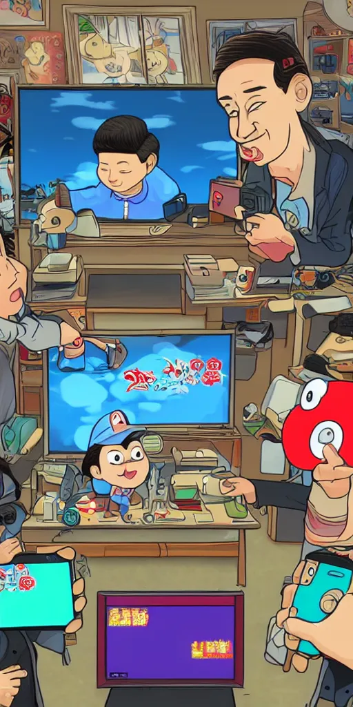 Prompt: Xi jingping play with Nintendo switch, cartoon style.