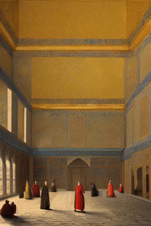 Prompt: a detailed painting of the interior of the Topkapi Palace in Ottoman Empire with people. By Robert Bechtle, Paul Kratter, Geri Keary, Simon Stålenhag. Digital art, CGSociety, Octane. Trending on ArtStation, 8k, UHD, HDR