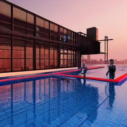 Image similar to a bar made with translucid fabric, swimming pool in front, parametric, blue hour, hyperrealistic, elevation, vray, unreal engine, architecture, luxigon