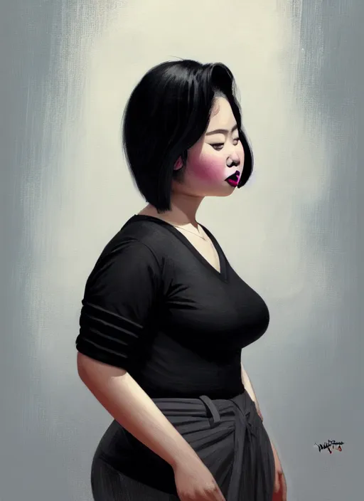 Image similar to portrait of a plump thai woman with a crooked nose and a confident expression, 1 9 6 0 s, black clothes, goth, punk, brightly coloured hair, funk, intricate, elegant, highly detailed, digital painting, artstation, concept art, smooth, sharp focus, illustration, art by wlop, mars ravelo and greg rutkowski