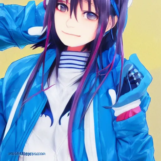 Prompt: ene from mekakucity actors, wearing blue jacket, blue pigtails, cool color palette, digital art by aramaki shinji, by artgerm, by cushart krenz, by wlop, colorful, insanely detailed and intricate, hypermaximalist, elegant, ornate, dynamic pose, hyper realistic, super detailed