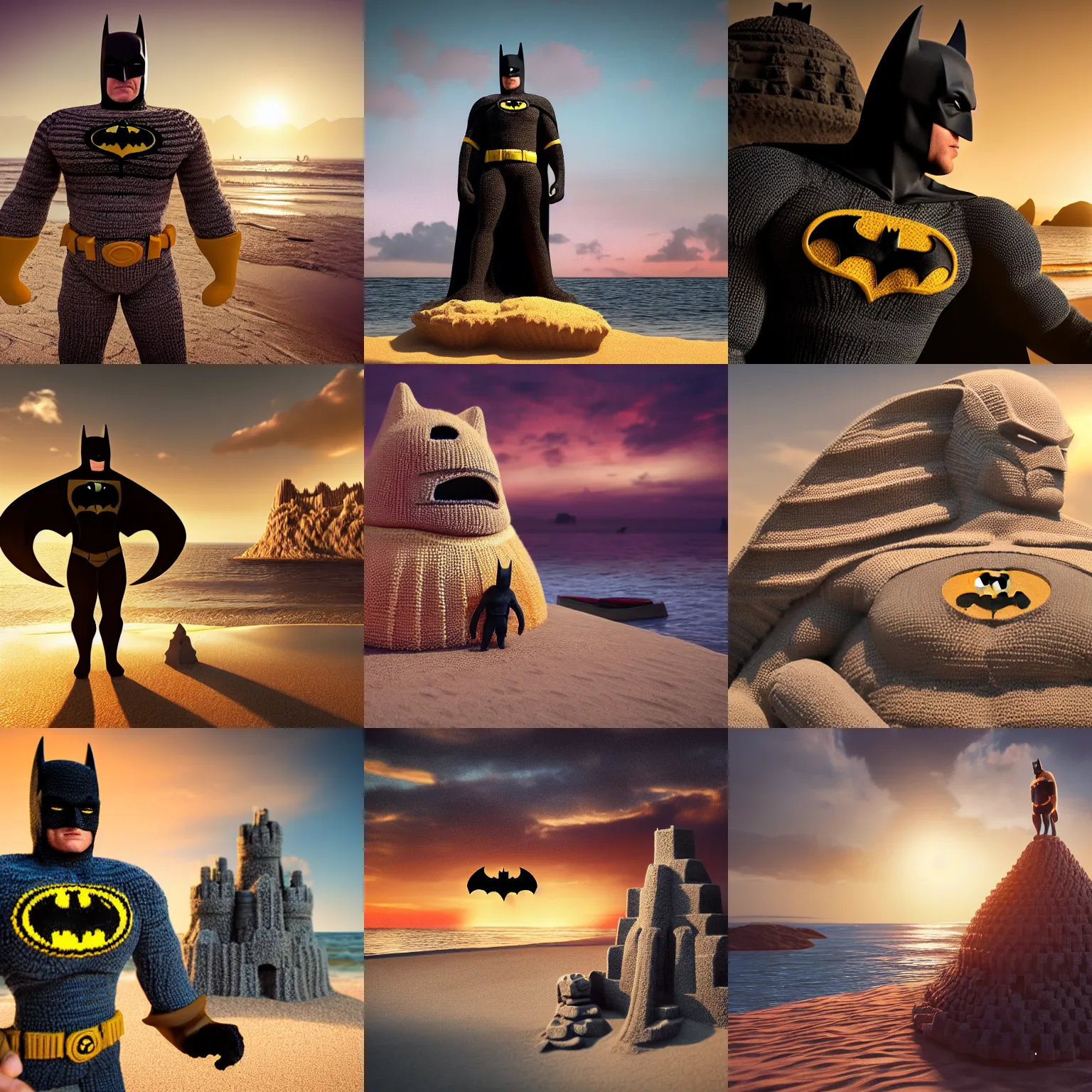 Prompt: a photorealistic image of a large knitted batman guarding his sandcastle batcave during sunset at the beach Trending on artstation, featured on Behance, well-rendered, Unreal Engine, 4K HD