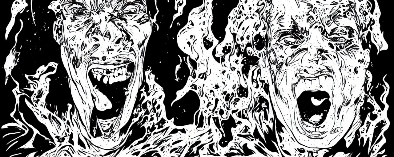 Prompt: portrait of a mad man screaming bursting black ink in style of josan gonzales,