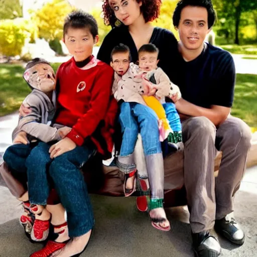 Prompt: a handsome young family with a demonic young boy, scene from a future world where nanotechnology is ubiquitous