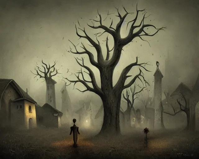 Image similar to a painting of an eerie small village where bizarre otherworldly creatures are walking around going about their day, by anton semenov