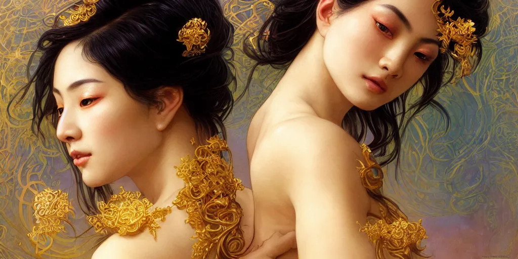 Prompt: asian nymph bald goddess, flowing golden silk twisting with whiten tattoos of cursive sigils on her opalescent skin, fantasy, intricate, very beautiful, elegant, golden light, highly detailed, art by artgerm and greg rutkowski and alphonse mucha