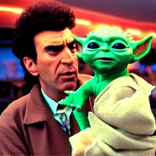 Image similar to cosmo Kramer from Seinfeld holding baby Yoda inside of a pizza hut, realistic, unreal, cinematic