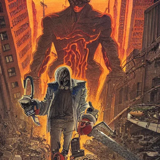 Prompt: of a beautiful painting of chainsaw man cutting his way through a city filled with flesh demons by moebius