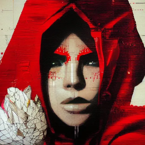 Image similar to portrait of a daydreaming melancholic latina woman in a red hood monk custome being progressively rasterized into pixels, surrounded by digital birds and a giant loving mecha robot, oil on canvas by yoji shinkawa, esao andrews and dave mckean