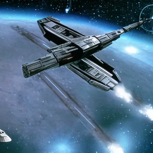 Prompt: starwars space ships attacking space 1999 ships
