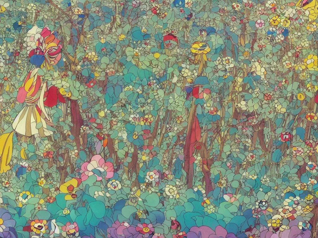 Image similar to colorful blueprint sideview of a fairytale forest, illustration, concept art, colorful, beautiful, studio ghibli, takashi murakami, alfons mucha, manga, cute and adorable