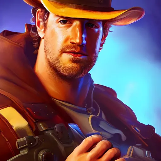 Image similar to a screenshot of mark zuckerberg as mccree in overwatch, portrait, fantasy, beautiful face, vivid colors, elegant, concept art, sharp focus, digital art, hyper - realistic, 4 k, unreal engine, highly detailed, hd, dramatic lighting by brom, trending on artstation