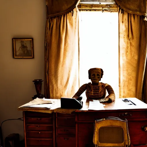 Prompt: Portrait of a mummy sitting at a very old desk, with very old curtains in the room. The desk has a very old phone on it. Dusty air