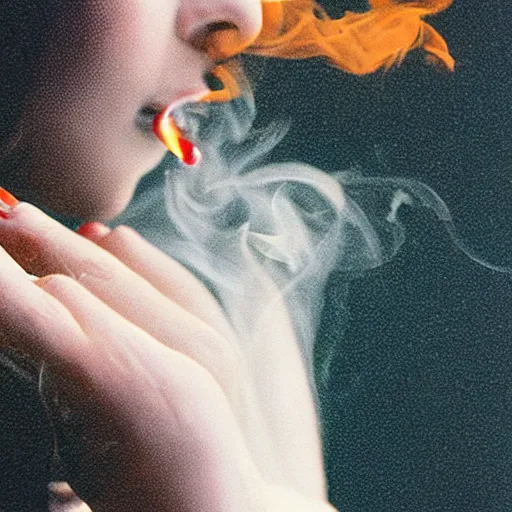 Image similar to a beautiful white skinned brunette smoking a cigarette. Billowing multicolored smoke. Medium format close-up publicity shot.