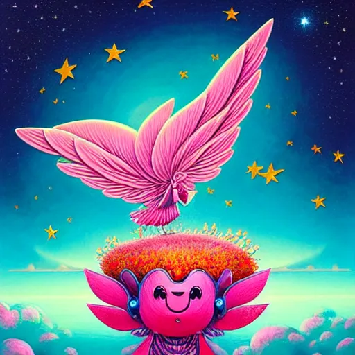 Prompt: abstract miraculous creature, giant wings, pink, flower blossoms, stars, night sky, hyper detailed, kawaii, by jacek yerka, lewandowski, hopper and gilleard, ryden, wolfgang lettl, hints of yayoi kasuma