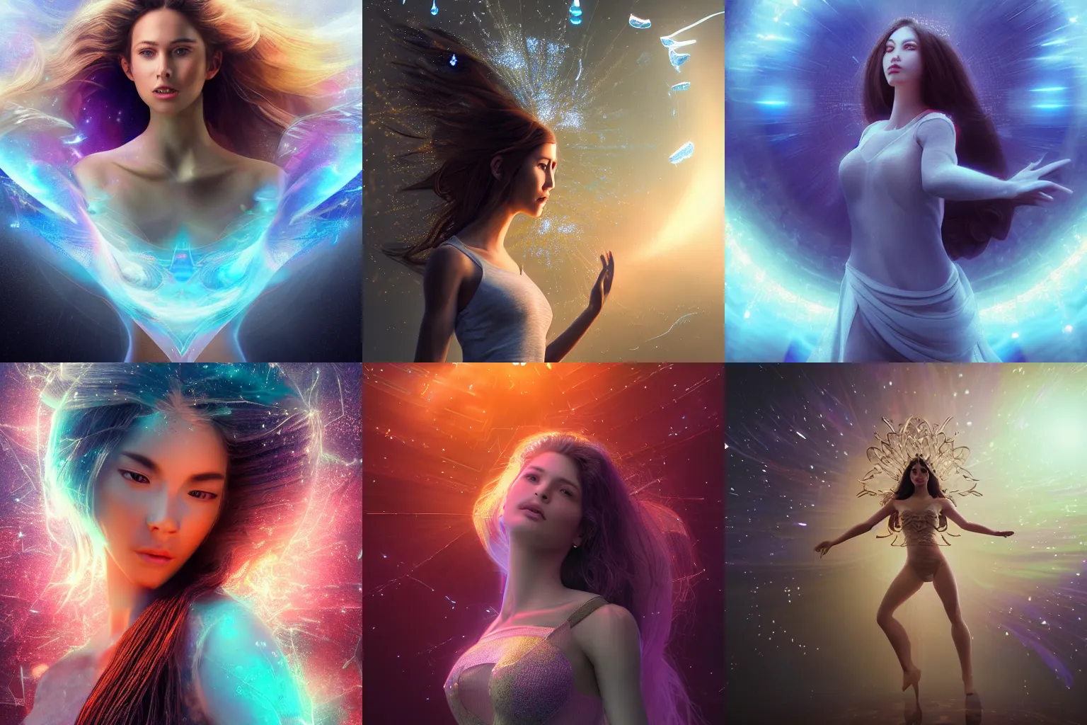 Prompt: a beautiful female human god of sound character, character is in all its glory, character is centered on the image, character is flying in natural pose, rim lights, highly detailed professional photo, dynamic lights, particles and crystals are flying, very deep depth of field, trending on artstation, illustration, hyper realistic, vray caustics, super detailed, colorful accents, cinematic shot