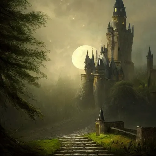 Image similar to a hidden entrance in the trees, victorian setting, dramatic light, castle background, clouds, moon, storm, night, high detail, fantasy background, painted by greg rutkowski, digital art, trending on artstation