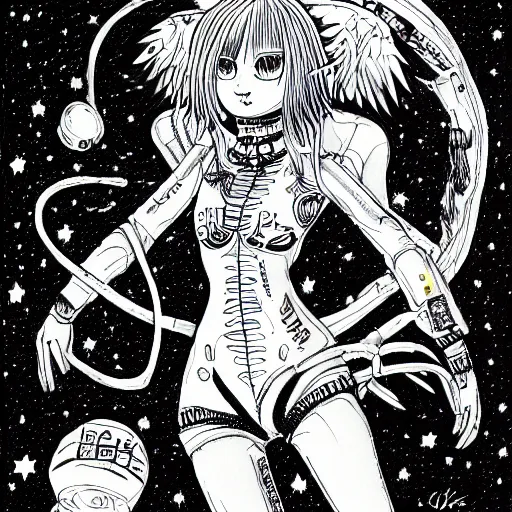 Prompt: winged lioness in outer space, ink on paper, 8k high quality detailed art, trending on art station, manga art, by Eiichiro Oda