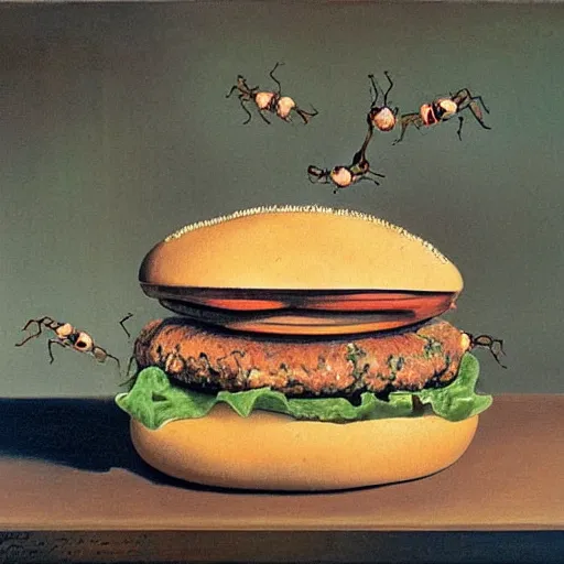 Prompt: Burger covered by ants, painting by Salvador Dali