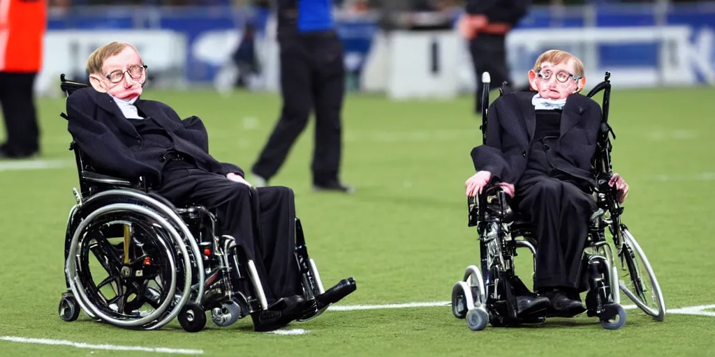 Image similar to stephen hawking is playing football, moving his wheelchair fast