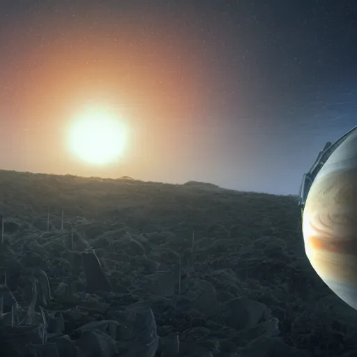 Prompt: sunrise from jupiter while an alien civilization is constructed in the background, matte painting