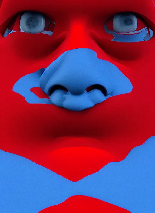 Prompt: a close up of a red mans face with blue eyes, an album cover by jacob toorenvliet, featured on behance, cubo - futurism, rendered in cinema 4 d, sketchfab, rendered in maya, red shift, synthwave, by enguerrand quarton, by alesso baldovinetti, 3 d render, holography,