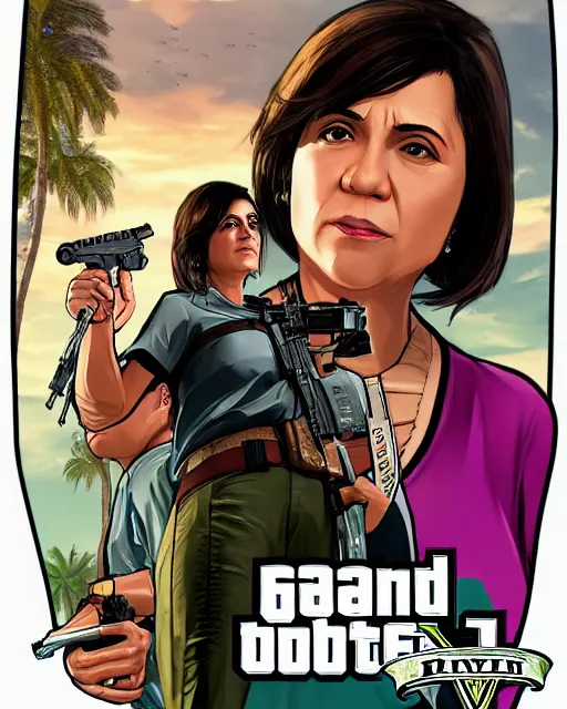 Prompt: leni robredo in gta v game box art by stephen bliss no text, detailed cover artwork, gta v, gta v loading screen